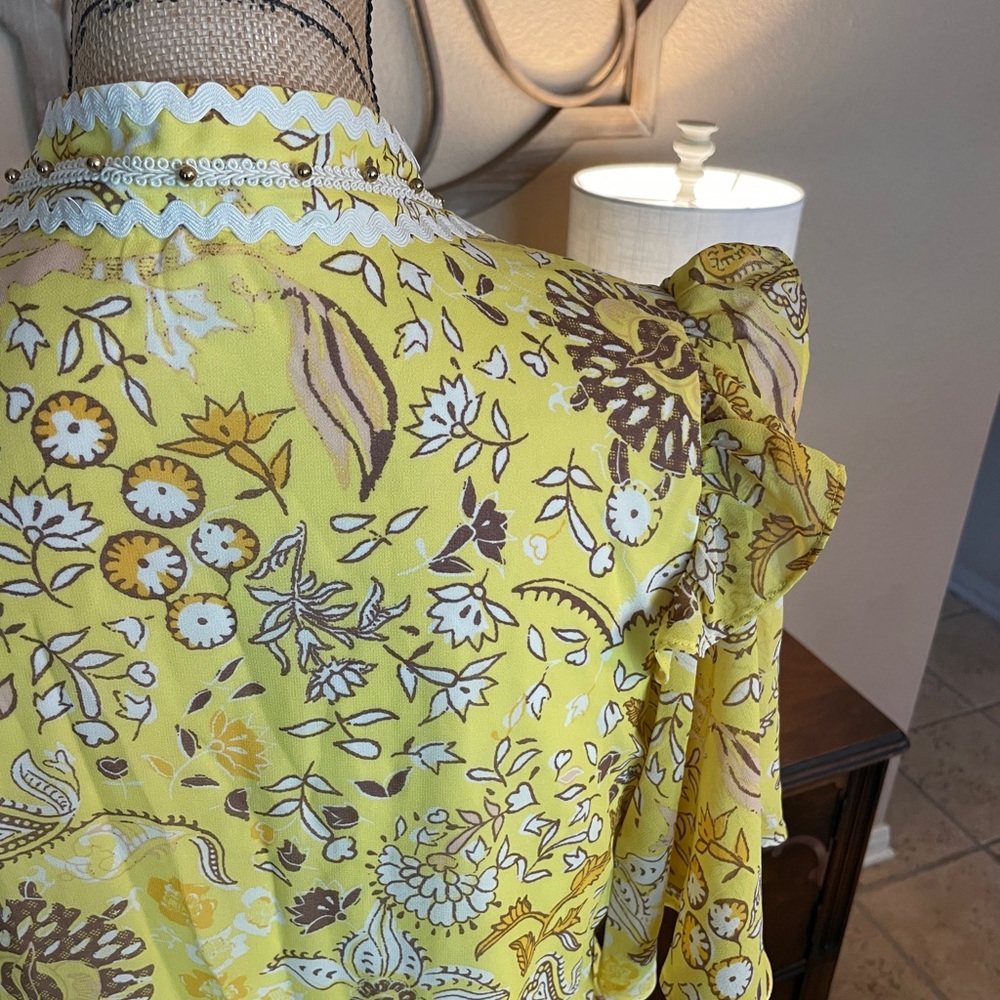 Marc New York Floral Yellow Ruffle & Rick Rack Women's Top - Picture 11 of 16